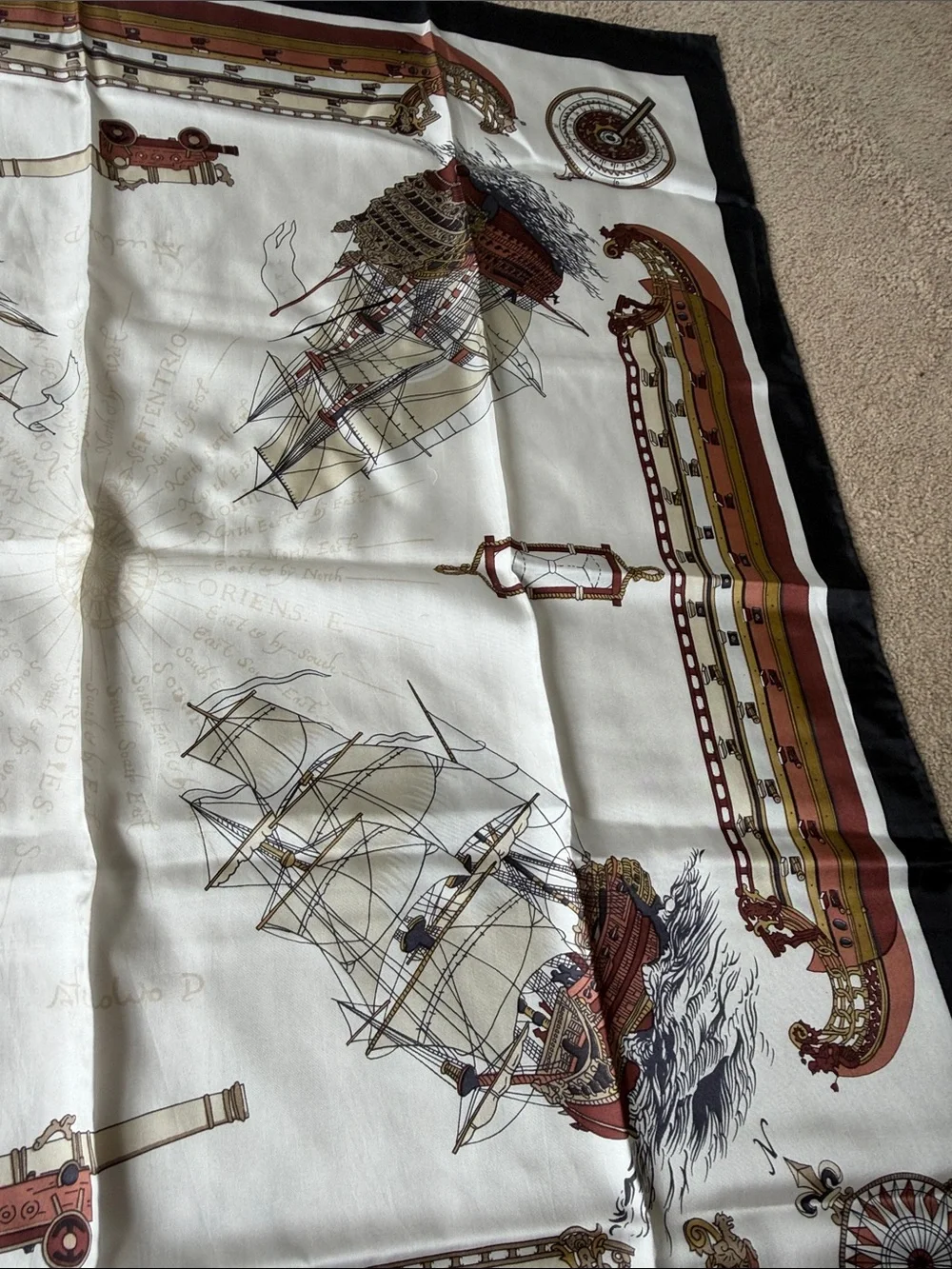 Classic Nautical Print Silk Scarf in Cream, Black and Brown